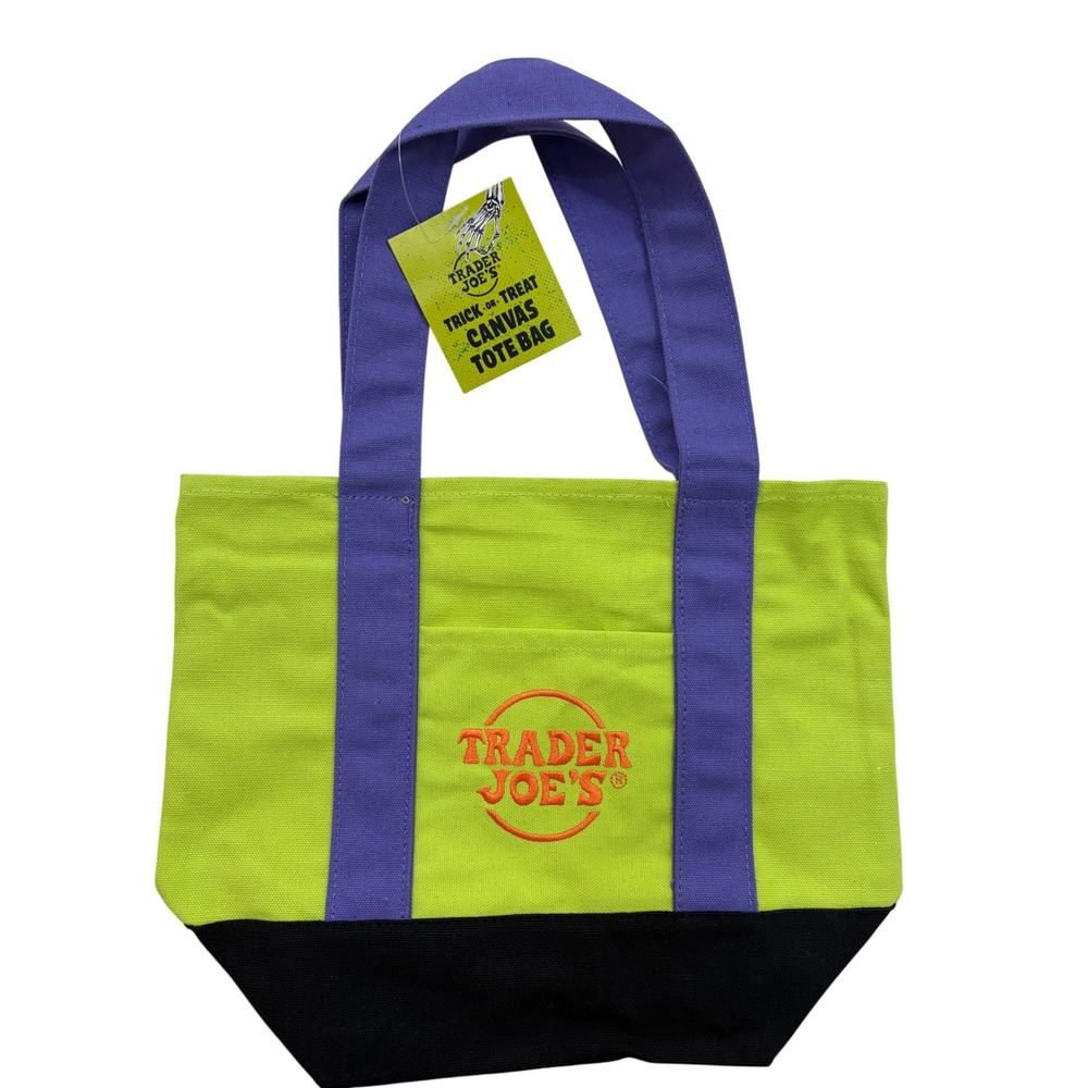 Trader Joes Trick or Treat Mini Canvas Tote Bag Lime Green NWT